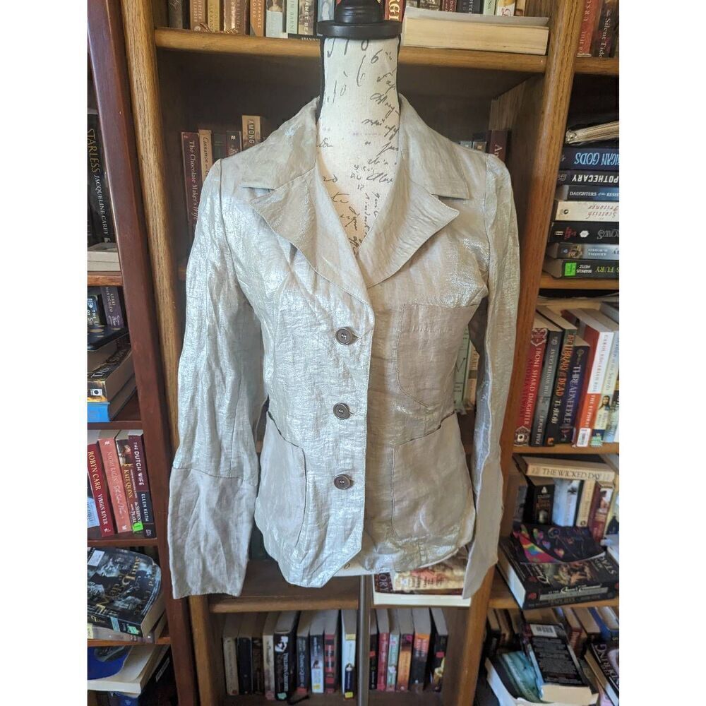 l'essentiel metallic linen lightweight blazer jacket sz 42 it 3 button euc
